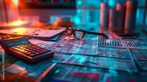 realistic representation of the concept of Value Added Tax (VAT), depicting financial documents and calculators