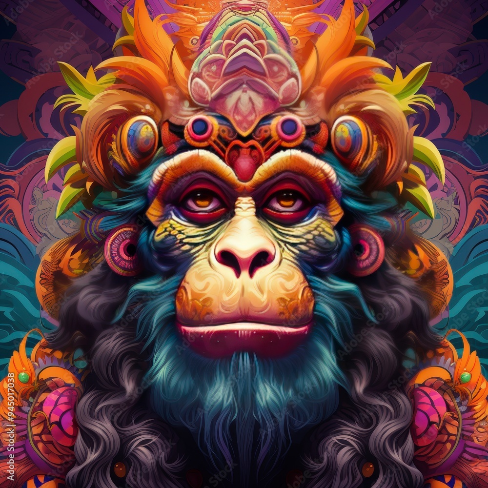 Naklejka premium A vibrant, stylized depiction of a monkey with ornate decorations and intricate patterns.
