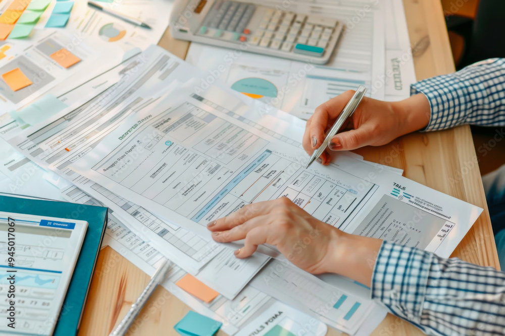 person organizing tax documents with calendar and deduction symbols against a solid clean backdrop person organizing tax documents with calendar and deduction symbols against a solid clean backdrop