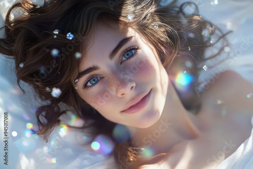 Caucasian woman with sparkling blue green eyes radiates beauty as light effects create a glittering, ethereal ambiance around her. She appears relaxed and serene.