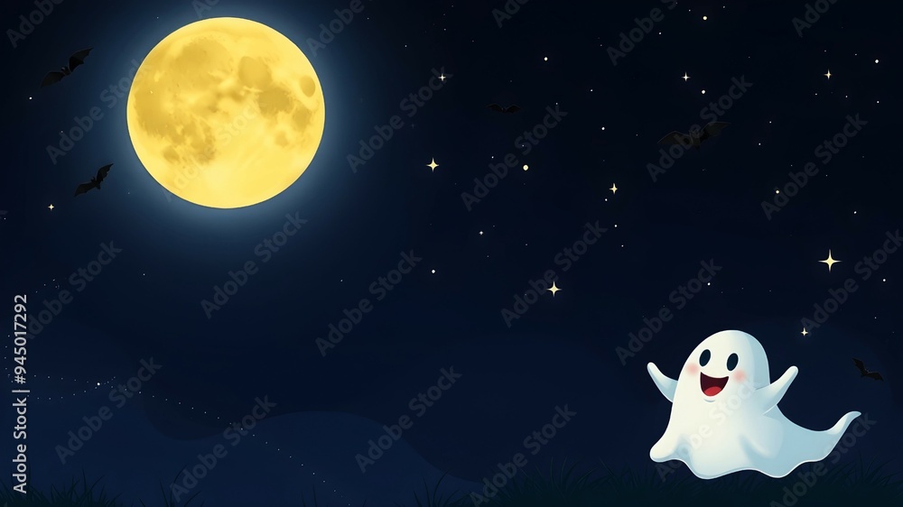 A cute ghost under a moonlight sky, surrounded by stars and bats. Cute Helloween banner with copy space
A cute ghost under a moonlight sky, surrounded by stars and bats. Cute Helloween banner with copy space