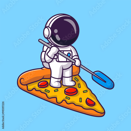 Cute Astronaut Standing On Pizza Slice With Paddle Cartoon 
Vector Icon Illustration. Science Food Icon Concept Isolated 
PremiumVector. Flat Cartoon Style