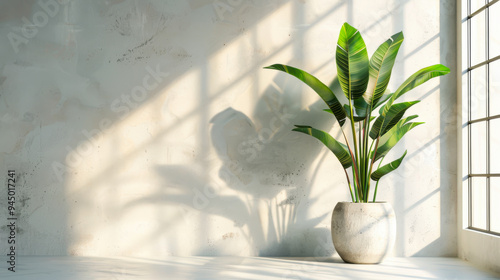Minimalistic light background with blurred palm plant pot shadow on a light wall