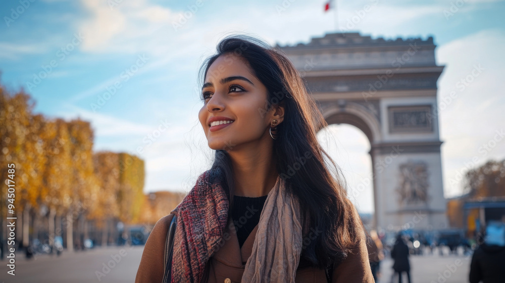 Fototapeta premium Indian woman enjoying a day out in Paris, capturing her experiences at various iconic