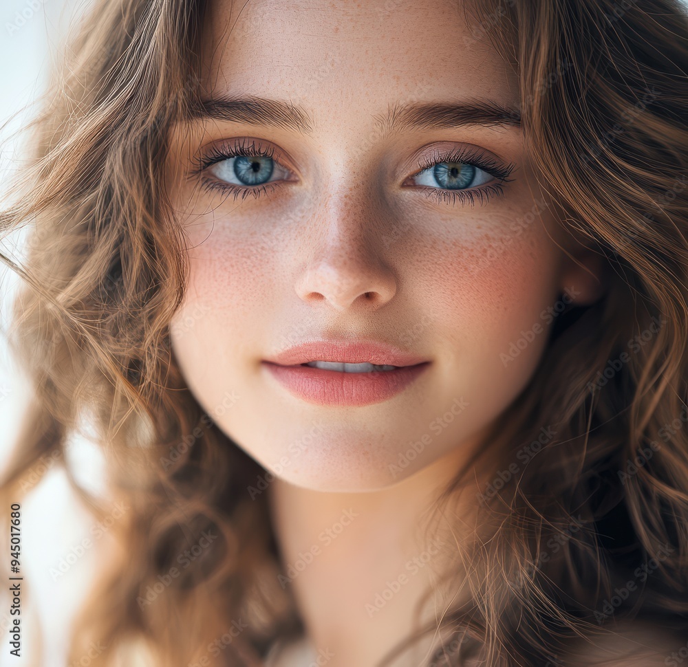 Caucasian woman with sparkling blue green eyes radiates beauty as light effects create a glittering, ethereal ambiance around her. She appears relaxed and serene. Caucasian woman with sparkling blue green eyes radiates beauty as light effects create a glittering, ethereal ambiance around her. She appears relaxed and serene.