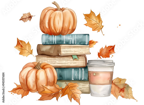 Watercolor illustration featuring a stack of vintage books With pastel orange pumpkins, falling autumn leaves, and pumpkin spice coffee. White background