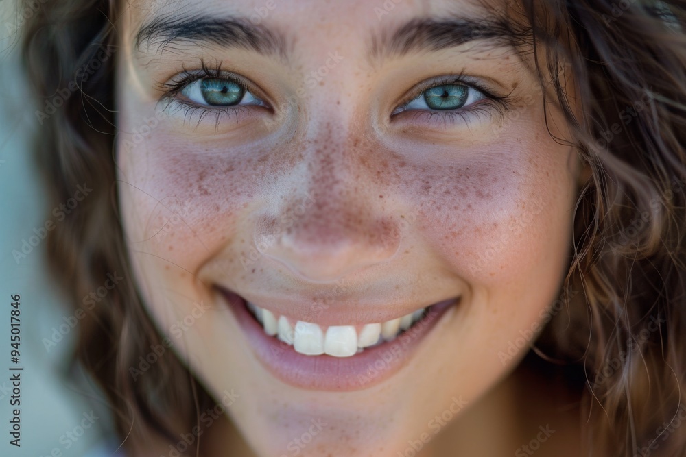 Caucasian woman with sparkling blue green eyes radiates beauty as light effects create a glittering, ethereal ambiance around her. She appears relaxed and serene. Caucasian woman with sparkling blue green eyes radiates beauty as light effects create a glittering, ethereal ambiance around her. She appears relaxed and serene.