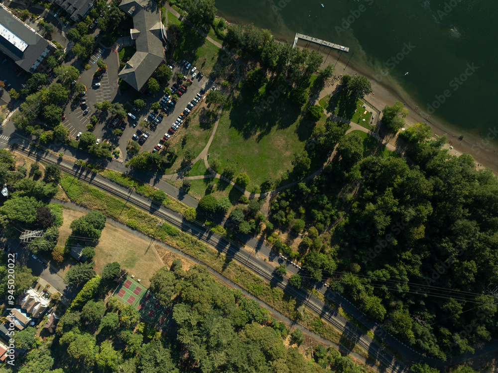 Fototapeta premium A park with a road running through it and a lake in the background