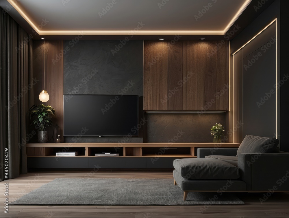 Modern Living Room with Dark Walls, a Flat Screen TV, and a Gray Sofa Modern Living Room with Dark Walls, a Flat Screen TV, and a Gray Sofa