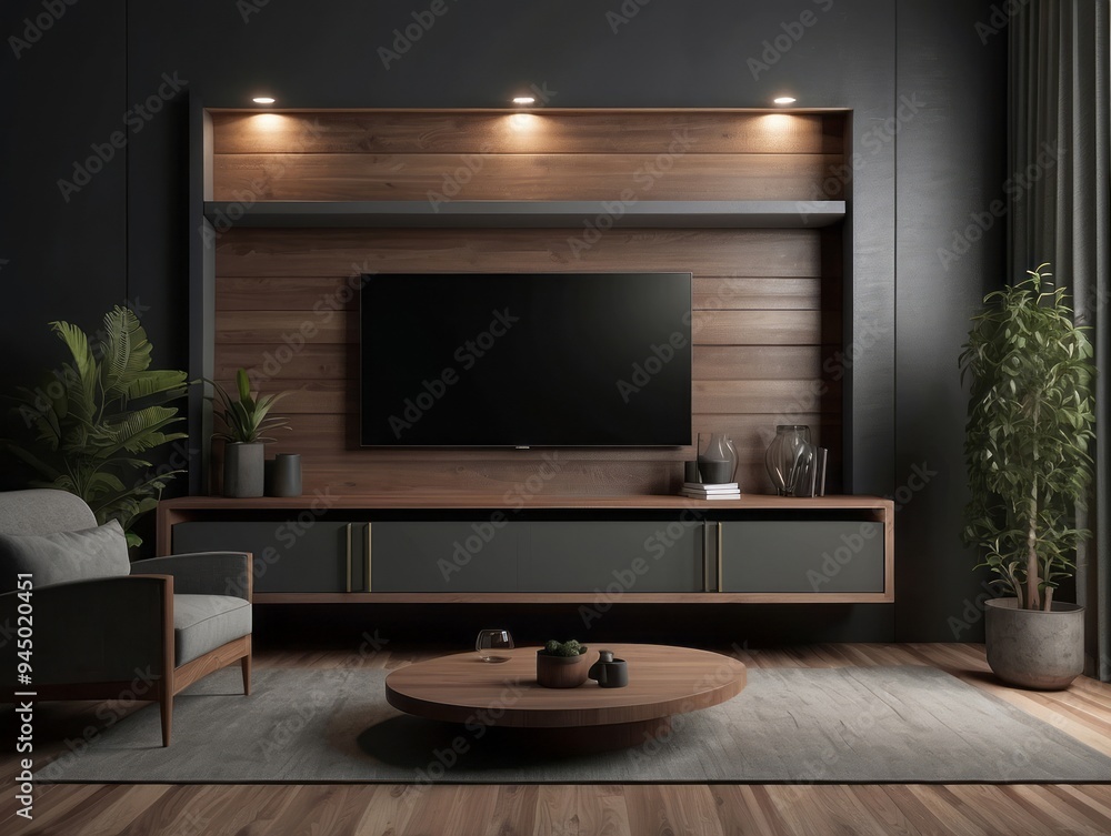 Modern Living Room with Wood Paneling and Floating Entertainment Center Modern Living Room with Wood Paneling and Floating Entertainment Center