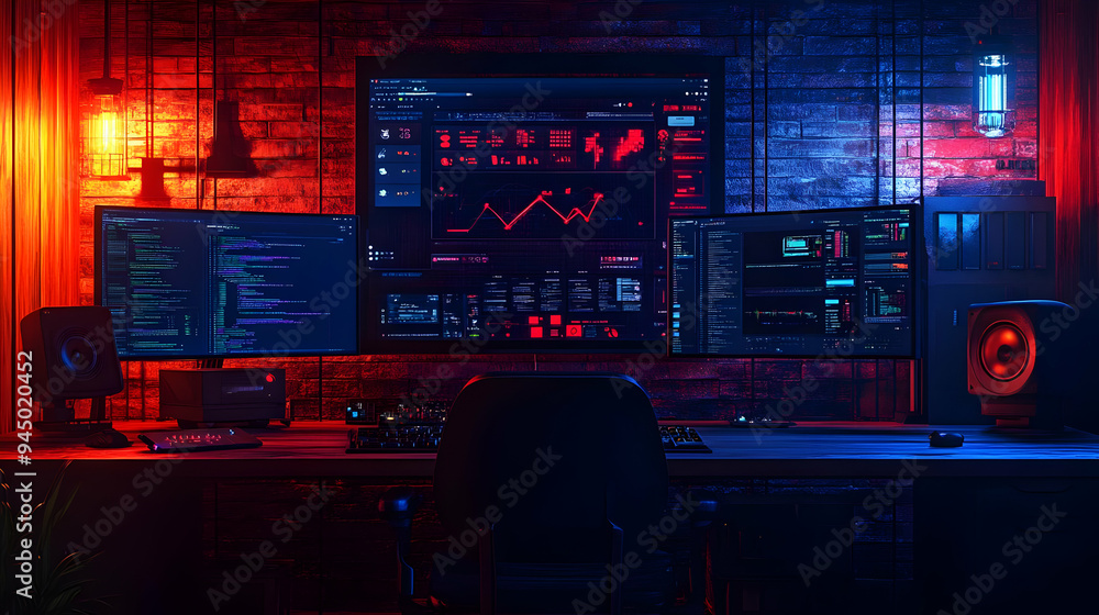 Hacker Workspace with Triple Monitors Red and Blue Lighting Hacker Workspace with Triple Monitors Red and Blue Lighting