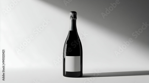 A bottle of champagne with a label mockup, rendered in a high-contrast black and white style photo