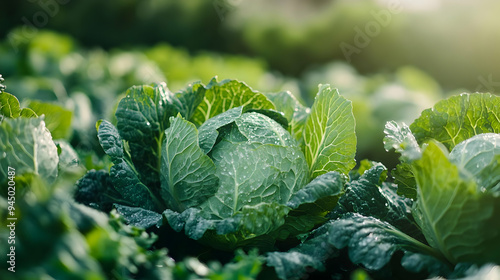 Fresh Green Cabbage in Garden with Dew Drops