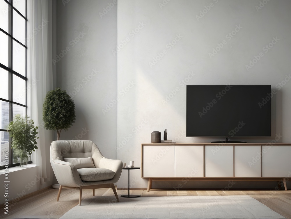 Modern Living Room with Large TV and Comfortable Armchair Modern Living Room with Large TV and Comfortable Armchair