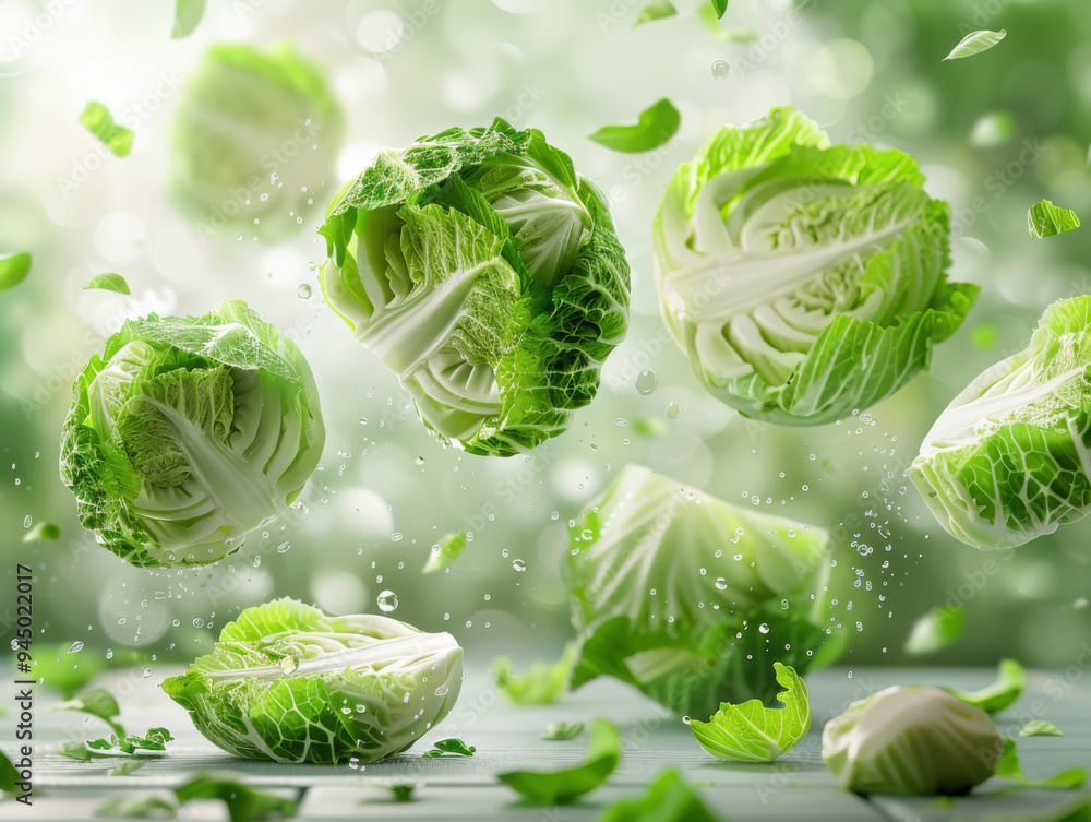 Obraz premium Flying cabbage with slice collection isolated on white background