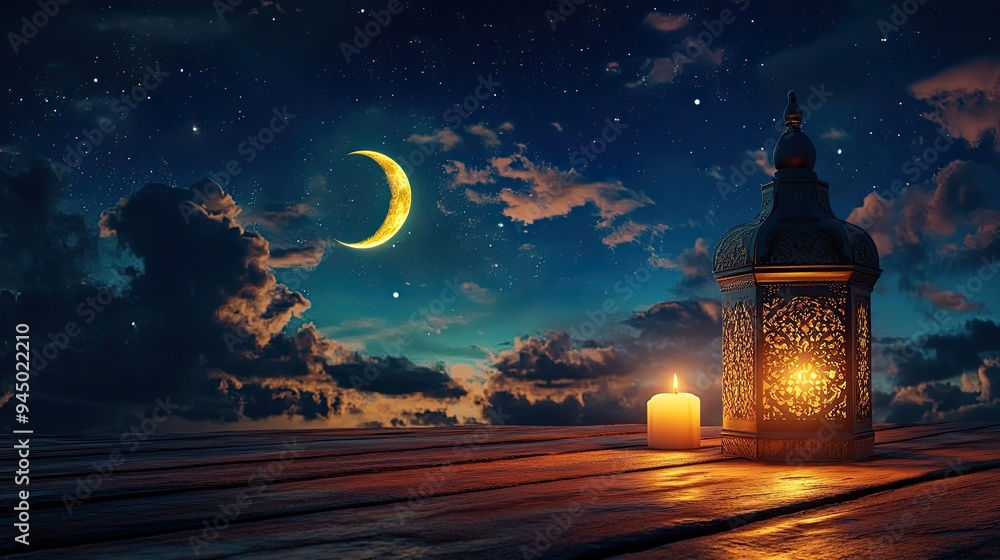 Fototapeta premium Crescent Moon and Lantern under a Starry Night Sky