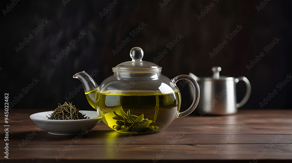 Glass teapot with green tea on dark wooden table views Ai generative.
Glass teapot with green tea on dark wooden table views Ai generative.