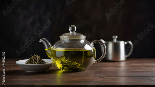 Glass teapot with green tea on dark wooden table views Ai generative. 