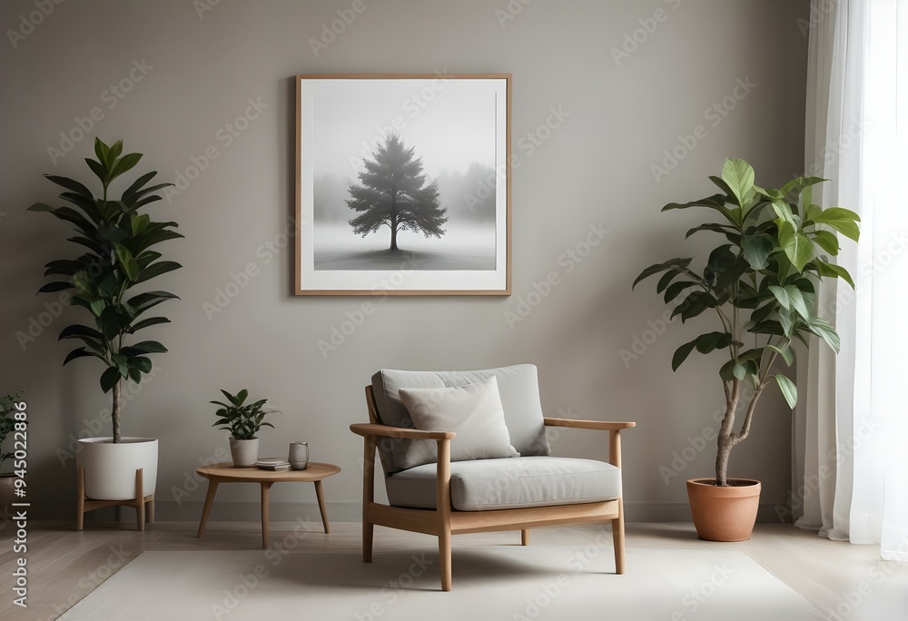 A minimalist living room with a wooden armchair, a potted plant, and a framed artwork depicting two trees in a misty, natural setting. A minimalist living room with a wooden armchair, a potted plant, and a framed artwork depicting two trees in a misty, natural setting.