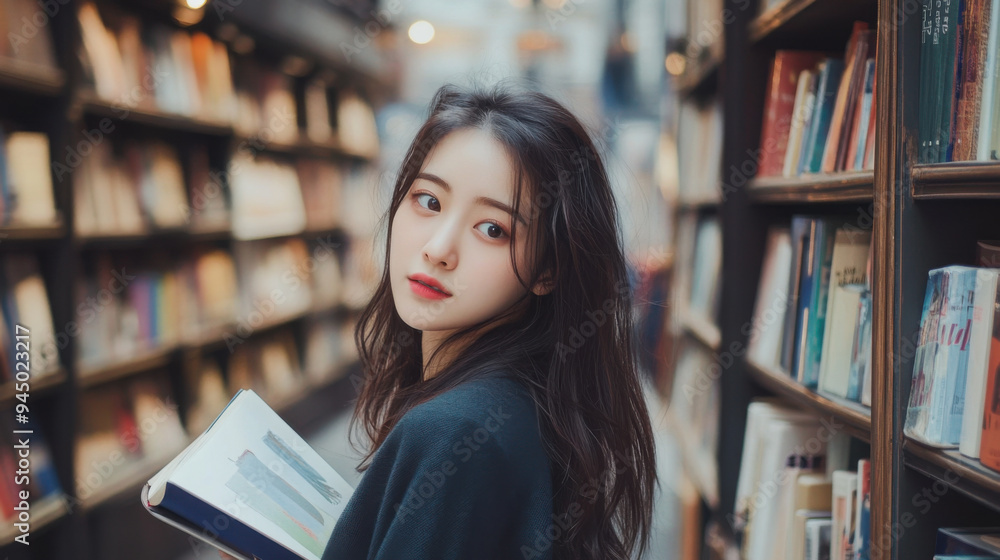 Korean girl posing in front of a charming Parisian bookstore, Korean girl posing in front of a charming Parisian bookstore,