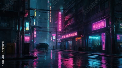 Cyberpunk-Inspired Urban Street with Glistening Reflections of Neon Signs