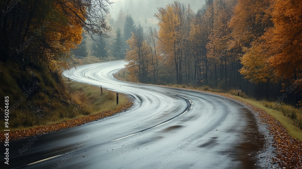 Fototapeta premium Winding road through autumn trees under a misty sky in a serene landscape during a rainy day
