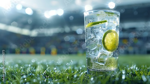 A broad angle panoramic shot of a lime-infused gin tonic effervescent beverage at an arena for soccer