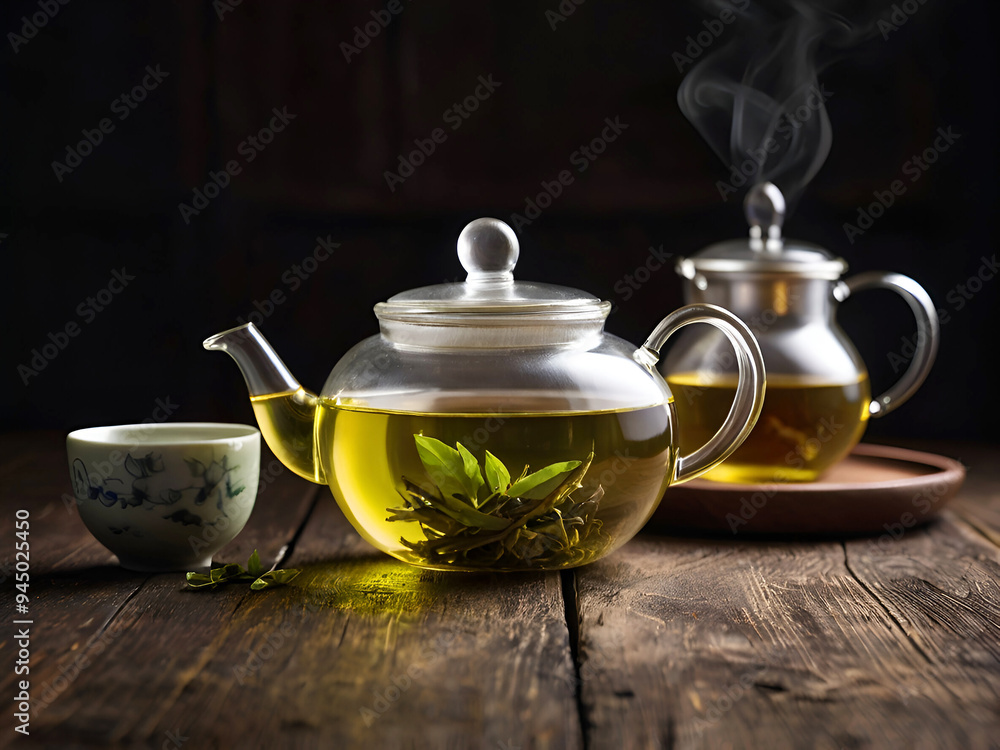 Glass teapot with green tea on dark wooden table views Ai generative.
Glass teapot with green tea on dark wooden table views Ai generative.