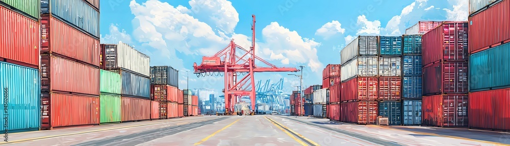 Fototapeta premium Shipping containers stacked high at a port.