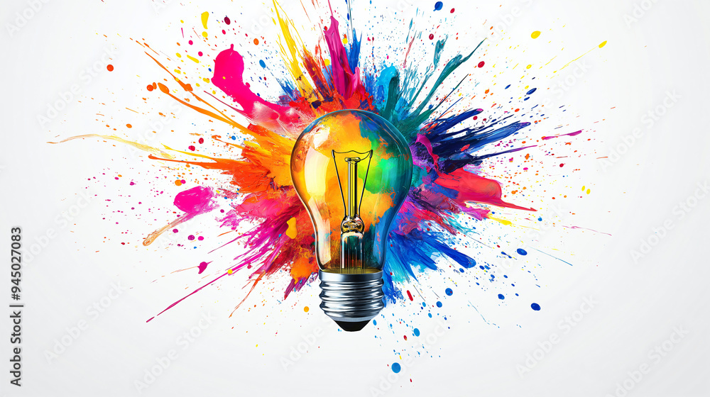 Creative light bulb explodes with colorful paint and colors. New idea, brainstorming concept, on white background