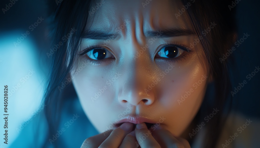 Closeup of Asian female with flu, coughing, isolated on background, displaying symptoms of illness Closeup of Asian female with flu, coughing, isolated on background, displaying symptoms of illness