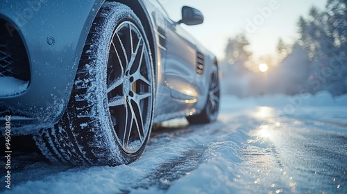 Close-up of the wheels of a car with winter tires on a snowy road in the forest