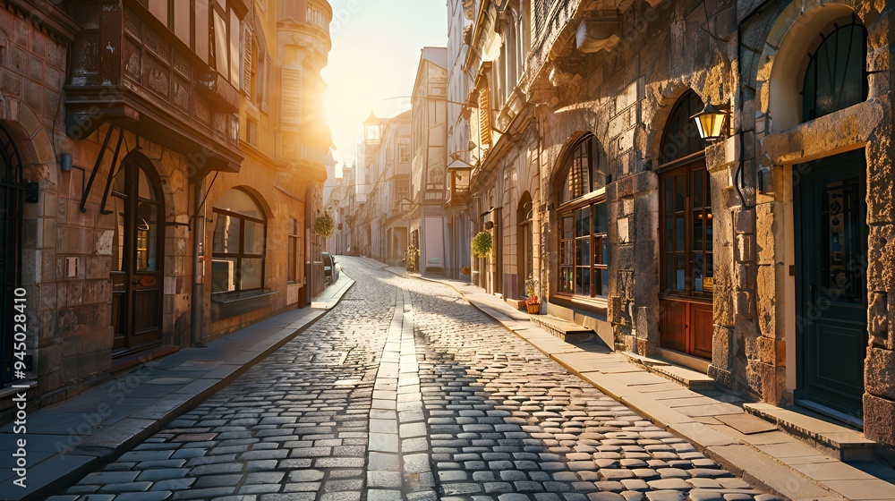 Fototapeta premium A charming cobblestone street bathed in warm sunlight, showcasing historic architecture.