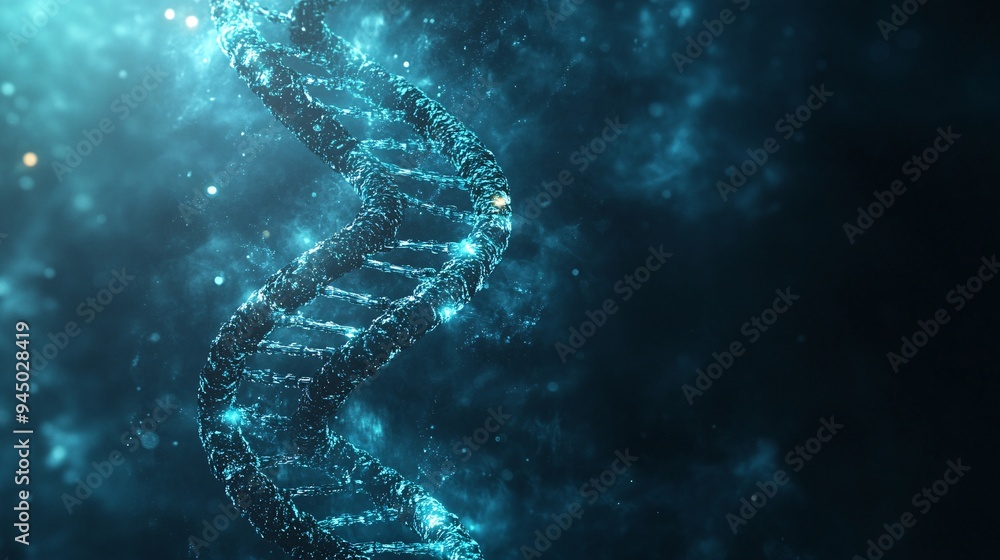 Abstract 3D illustration of a glowing DNA double helix on a dark background. Abstract 3D illustration of a glowing DNA double helix on a dark background.