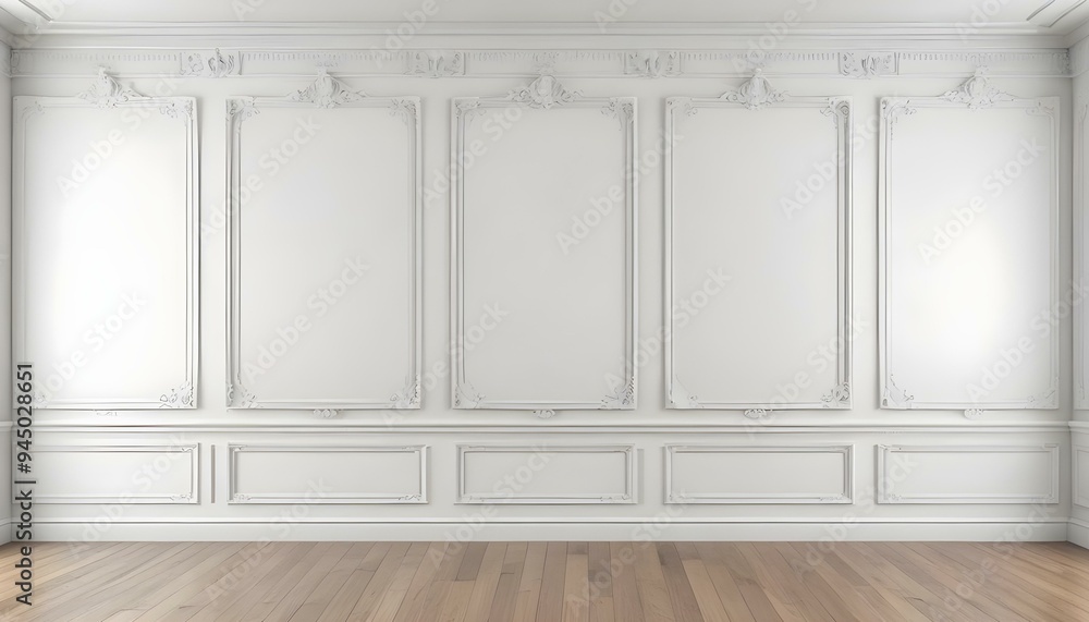 A classic white interior with ornate moldings and panels, a hardwood floor, and three empty frames on the wall. A classic white interior with ornate moldings and panels, a hardwood floor, and three empty frames on the wall.
