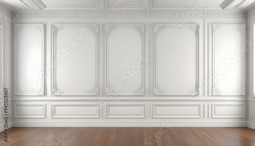 A classic white interior with ornate moldings and panels, a hardwood floor, and three empty frames on the wall.