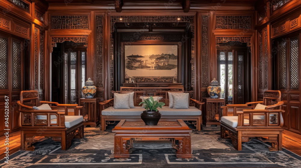 Luxurious Chinese furniture with intricate wood patterns, set in an authentic wooden Luxurious Chinese furniture with intricate wood patterns, set in an authentic wooden