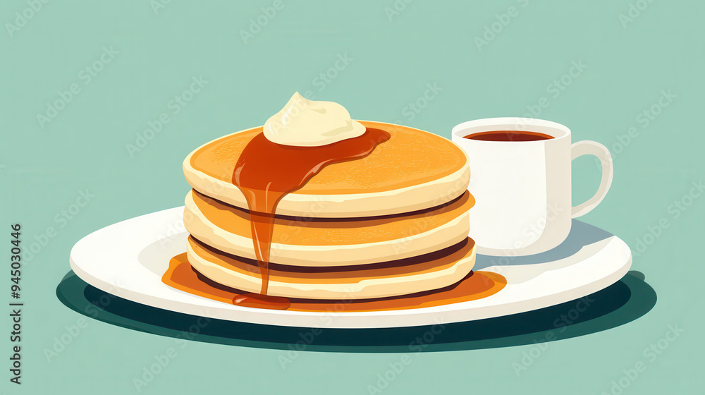 Delicious pancakes with syrup and cup of coffee create cozy breakfast scene. Delicious pancakes with syrup and cup of coffee create cozy breakfast scene.