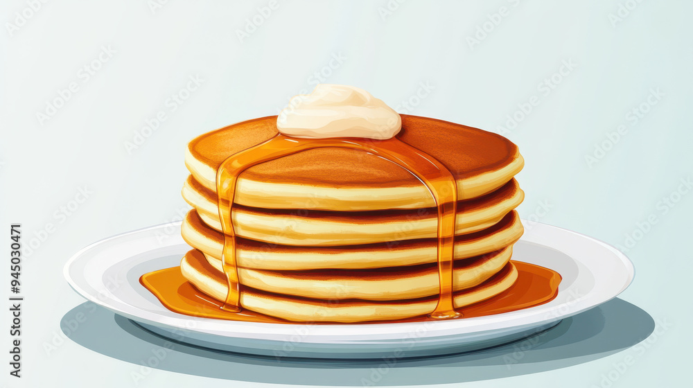Delicious pancakes stacked high with syrup and dollop of butter evoke sense of comfort and indulgence. Delicious pancakes stacked high with syrup and dollop of butter evoke sense of comfort and indulgence.