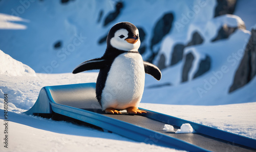 A penguin slides down a ramp in the snow on a sunny day