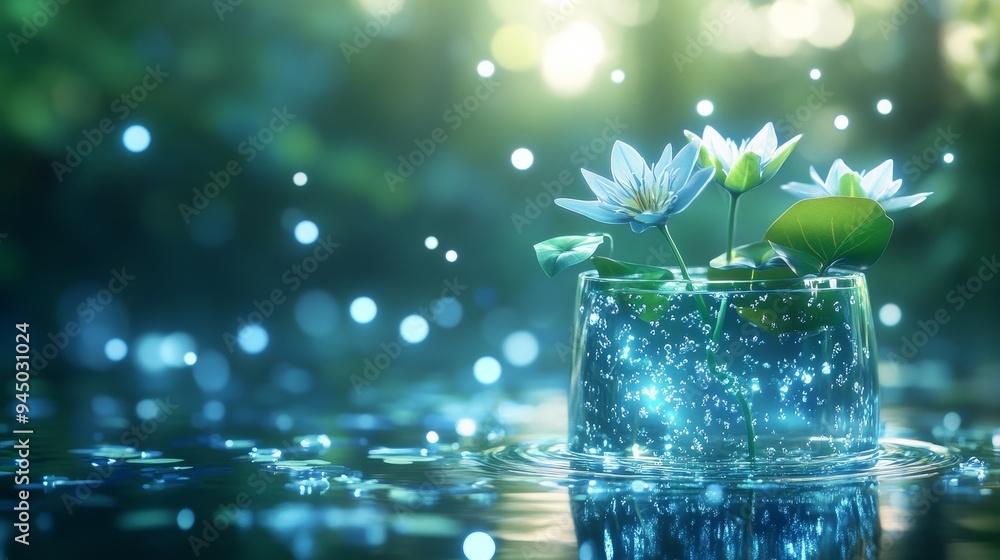 A vase made of shimmering mermaid tears, filled with ethereal water lilies that defy gravity, floating serenely in the air, glowing softly in moonlight A vase made of shimmering mermaid tears, filled with ethereal water lilies that defy gravity, floating serenely in the air, glowing softly in moonlight