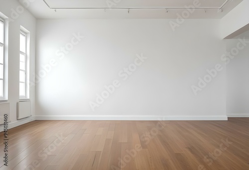 Empty room with white walls and wooden floor, minimal interior design.