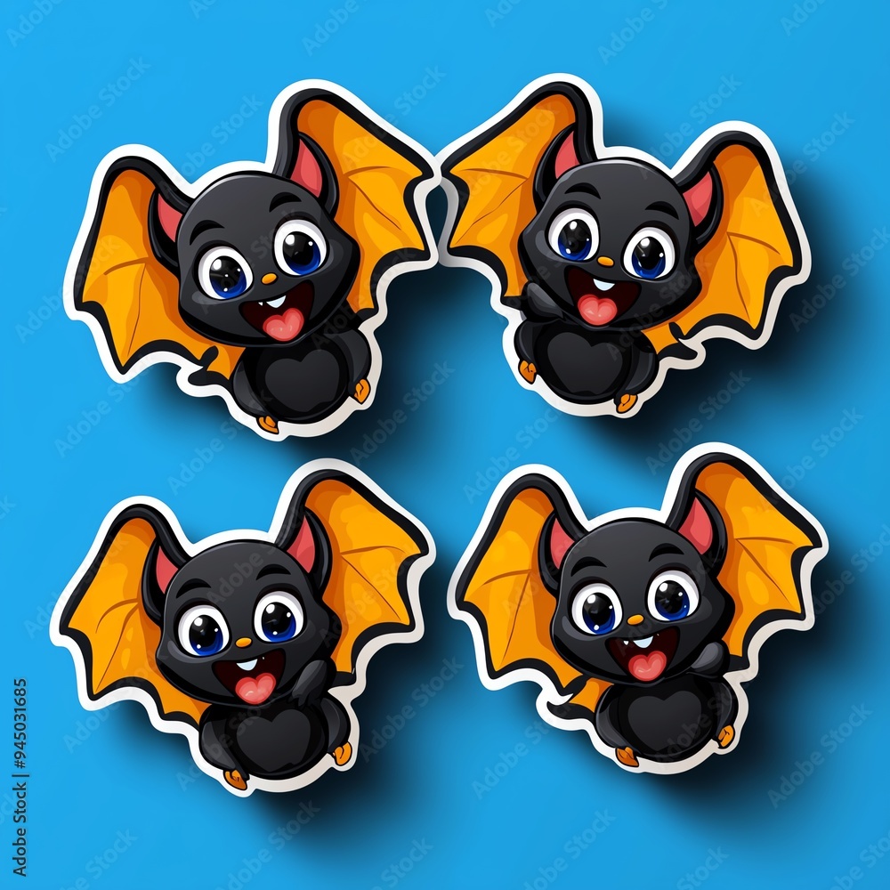 Fototapeta premium Cute cartoon bat stickers with orange wings and playful expressions, perfect for Halloween and fun designs.