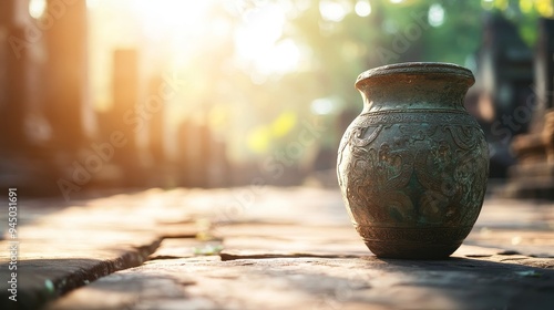 A vase with detailed carvings of legendary creatures, resting in an ancient temple, surrounded by ornate columns and ancient symbols