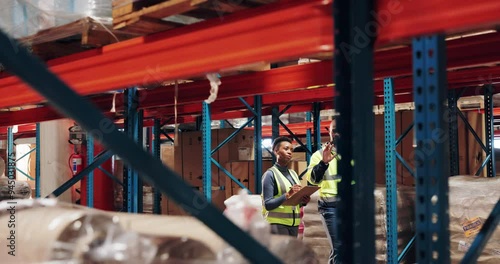 Wallpaper Mural Black people, supplier or tablet for shipment in warehouse distribution of cargo for ecommerce shipping. Factory inspection, inspector and logistics worker checking for inventory report or courier Torontodigital.ca