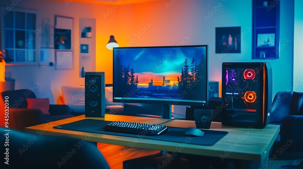 Modern Gaming Setup with RGB Lighting and Colorful Wallpaper Modern Gaming Setup with RGB Lighting and Colorful Wallpaper