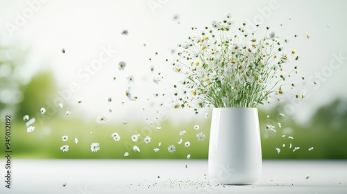 An abstract vase with wildflowers sprouting from every angle, including the base, creating a surreal, gravity-defying floral arrangement photo