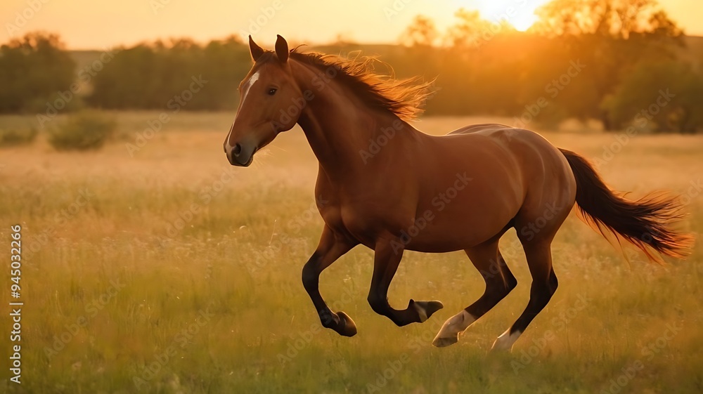 Fototapeta premium Wild Horse Galloping Through an Open Meadow at Sunset
