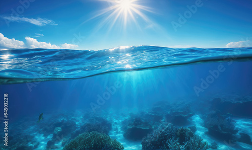 A wave breaks on a sunny day, revealing the underwater world with coral reefs and sunlight filtering through the water