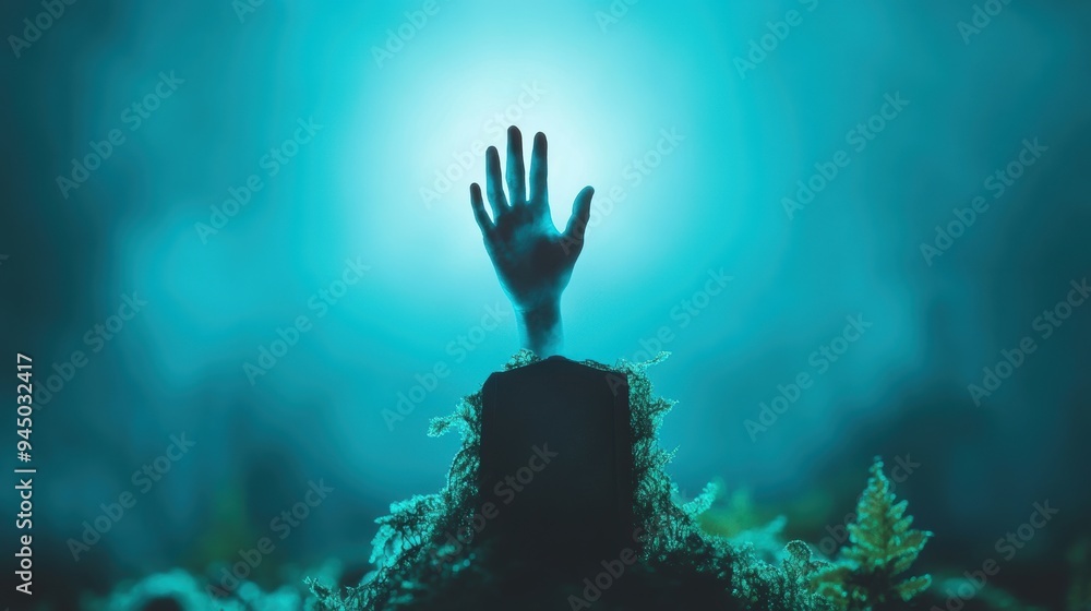 A spectral hand reaching out from a tombstone in a foggy graveyard, with a cold, eerie atmosphere. A spectral hand reaching out from a tombstone in a foggy graveyard, with a cold, eerie atmosphere.
